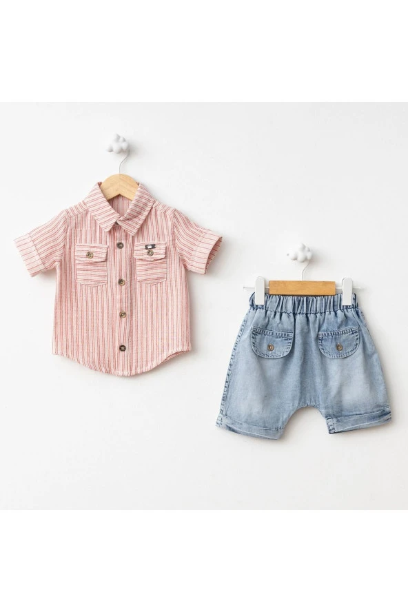 Marin Çizgi Gömlekli Şortlu Takım Kırmızı ürün görseli 1