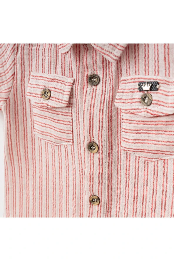 Marin Çizgi Gömlekli Şortlu Takım Kırmızı - Resim 2