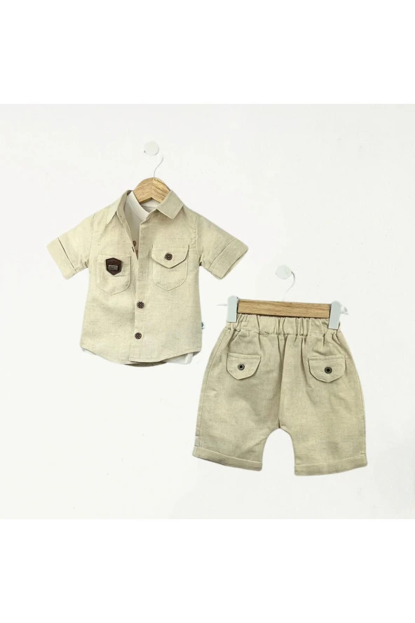 İnce Keten Gömlekli 3Lü Takım Bej ürün görseli 1