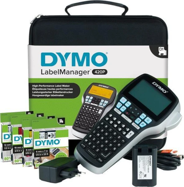 DYMO LabelManager 420P yüksek performanslı etiketleme aleti, çantalı, taşınabilir etiket cihazı, ABC klavye, ekstra tekerlekli DYMO D1 yazı bandı, PC veya Mac arayüzlü