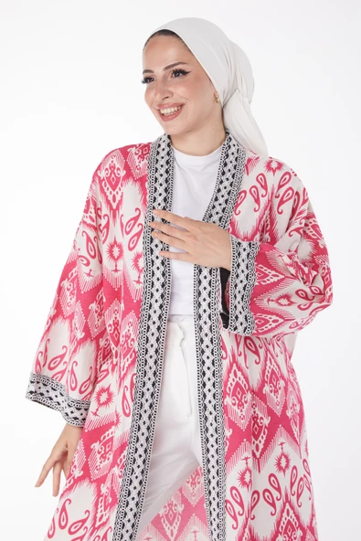 Düz Orta Kadın Fuşya Desenli Kimono - 13231