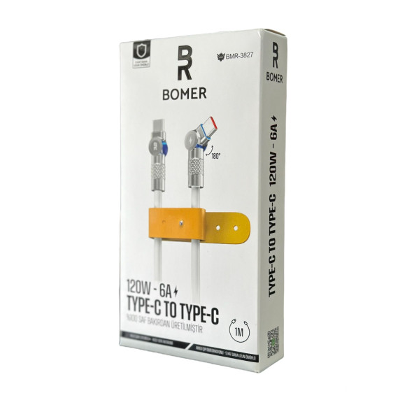 BOMER 3826 120W 6A BEYAZ RENK USB to TYPE C 180 DERECE DÖNER BAŞLI IŞIKLI ŞARJ VE DATA KABLOSU - 2