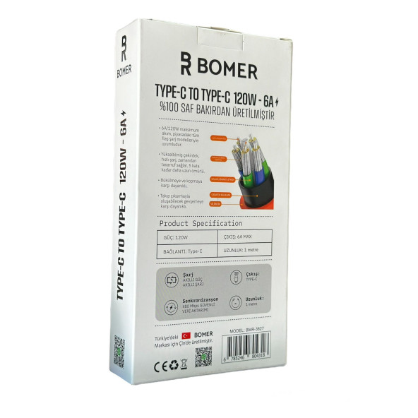 BOMER 3826 120W 6A BEYAZ RENK USB to TYPE C 180 DERECE DÖNER BAŞLI IŞIKLI ŞARJ VE DATA KABLOSU - 3