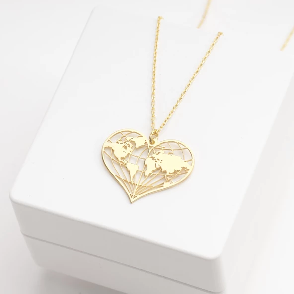925 Ayar Gümüş Kalpli Dünya Kolye Özel Tasarım - Resim 3
