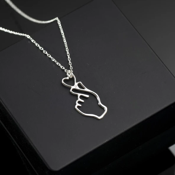 925 Ayar Gümüş Kore Parmak Kalp Seni Seviyorum Kolye Özel Tasarım - Resim 2