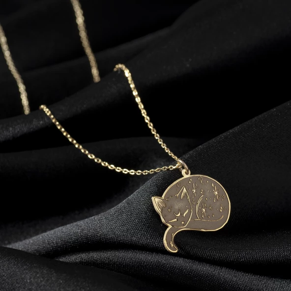 925 Ayar Gümüş Uyuyan  Kedi Kolye Özel Tasarım ürün görseli 1