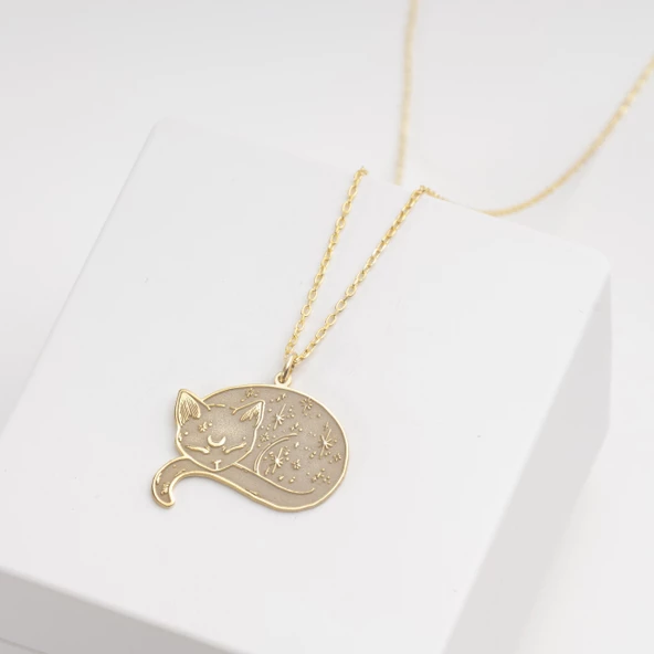 925 Ayar Gümüş Uyuyan  Kedi Kolye Özel Tasarım - Resim 3
