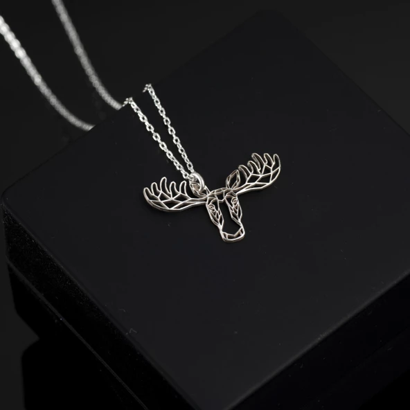 925 Ayar Gümüş Geyik Kafası Kolye Özel Seri - Resim 4