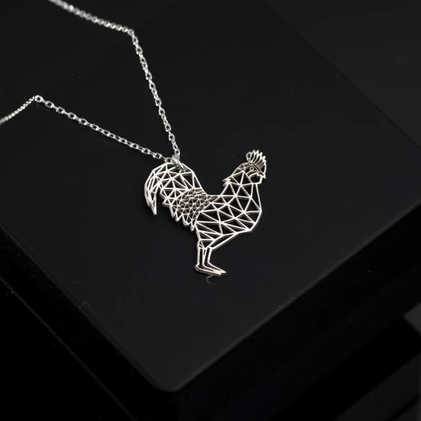 925 Ayar Gümüş Horoz Figürlü Origami Kolye Özel Tasarım ürün görseli 1