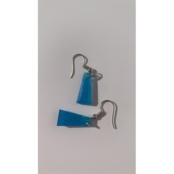 Okyanus Mavi Rengi Sedefli Gümüş Aksesuar Piramit Şekil Sallantılı Epoksi Küpe El Yapımı Hediyelik - 4