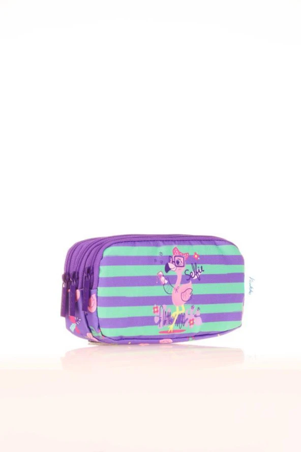 Kaukko Kids 3 Bölmeli Kalem Çantası Paterned Flamingo Lila L8148 - 2