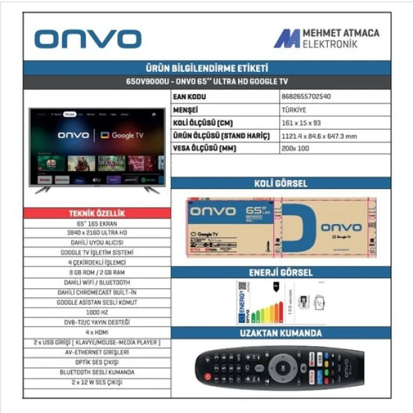 Onvo 65OV9000U 65'' 164 Ekran Uydu Alıcılı 4K Ultra HD Google Smart LED TV