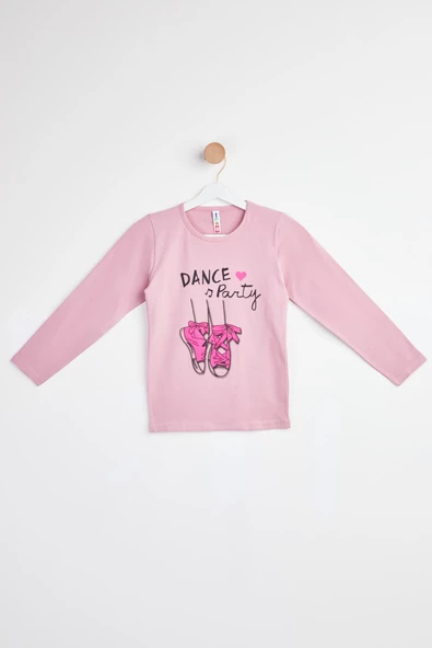 Düz Bisiklet Yaka Çocuk Pembe Baskılı Uzun Kollu T-shirt - 24476