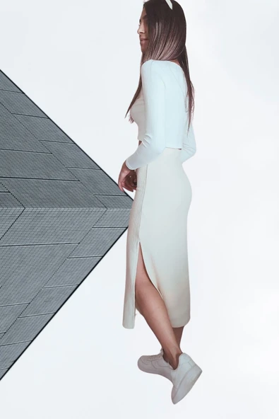 Kadın Kalem Etek 50cm Yırtmaçlı Uzun Bilek Boy Esnek Kumaş - 4