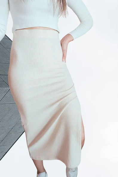 Kadın Kalem Etek 50cm Yırtmaçlı Uzun Bilek Boy Esnek Kumaş - 6