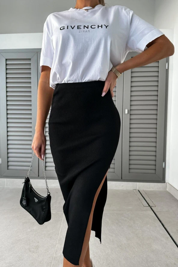 Kadın Siyah Fitilli Örme Kaşkorse Yırtmaçlı Etek