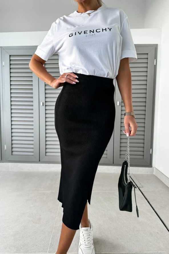 Kadın Siyah Fitilli Örme Kaşkorse Yırtmaçlı Etek - 2