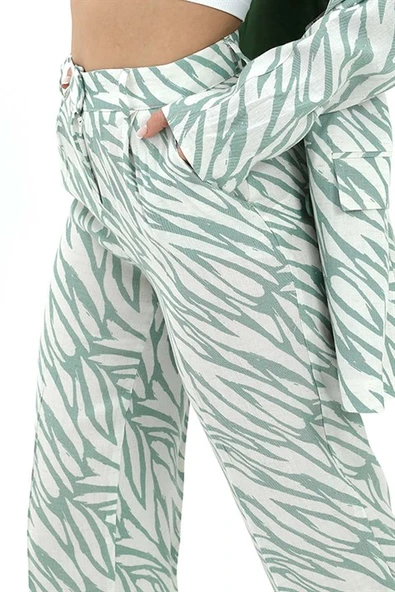 Zebra Desen Yüksek Bel Keten Pantolon - Mint Yeşili - Resim 4