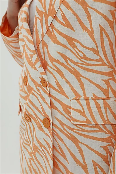 Zebra Desen Oversize Keten Ceket - Turuncu - Resim 5