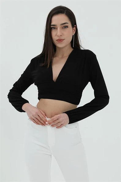 Derin V Yaka Crop Bluz - Siyah ürün görseli 1