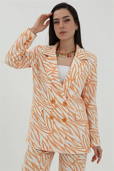 Zebra Desen Oversize Keten Ceket - Turuncu ürün görseli 1