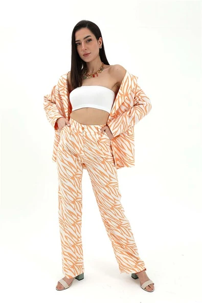 Zebra Desen Yüksek Bel Keten Pantolon - Turuncu ürün görseli 1