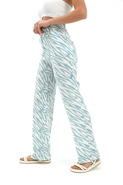 Zebra Desen Yüksek Bel Keten Pantolon - Mavi - Resim 3