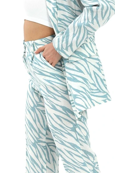 Zebra Desen Yüksek Bel Keten Pantolon - Mavi - Resim 4