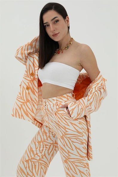 Zebra Desen Oversize Keten Ceket - Turuncu - Resim 2