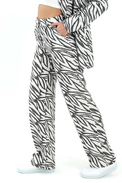 Zebra Desen Yüksek Bel Keten Pantolon - Siyah - Resim 3