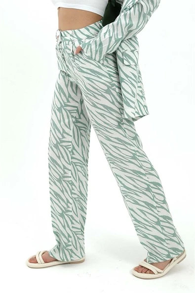 Zebra Desen Yüksek Bel Keten Pantolon - Mint Yeşili - Resim 3