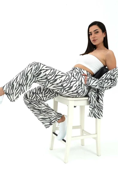 Zebra Desen Yüksek Bel Keten Pantolon - Siyah - Resim 2