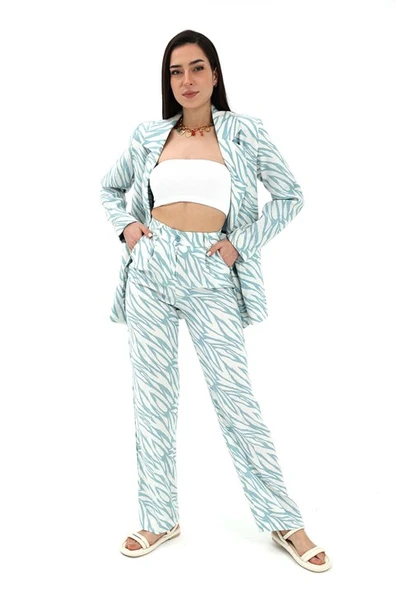 Zebra Desen Yüksek Bel Keten Pantolon - Mavi ürün görseli 1