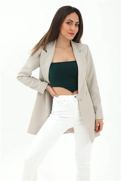 Omuzları Vatkalı Önü Çıtçıtlı Atlas Kumaş Kadın Blazer Ceket - Taş - Resim 4