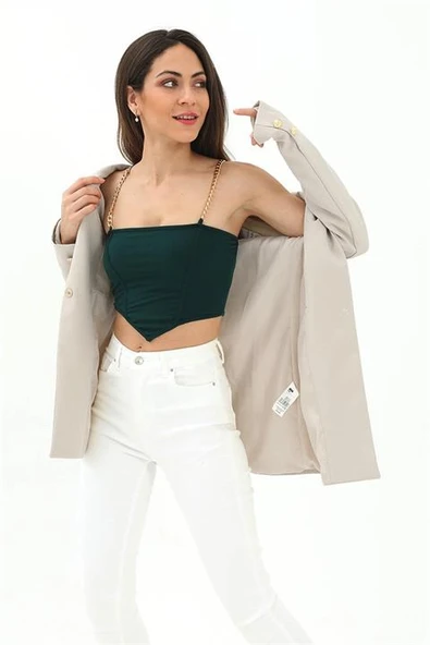 Omuzları Vatkalı Önü Çıtçıtlı Atlas Kumaş Kadın Blazer Ceket - Taş - Resim 3