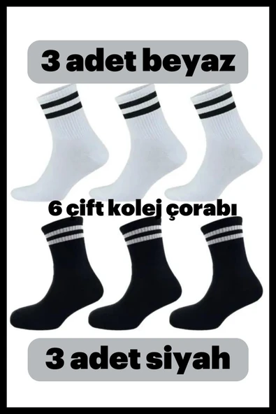 6 Lı Kolej Çorabı Siyah Beyaz Çizgili Bilek Çorap Ünisex 3 Beyaz 3 Siyah 6 Adet Kombin 36/42