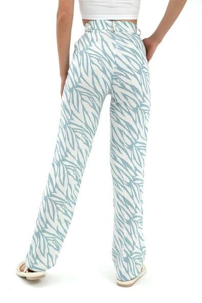 Zebra Desen Yüksek Bel Keten Pantolon - Mavi - Resim 5