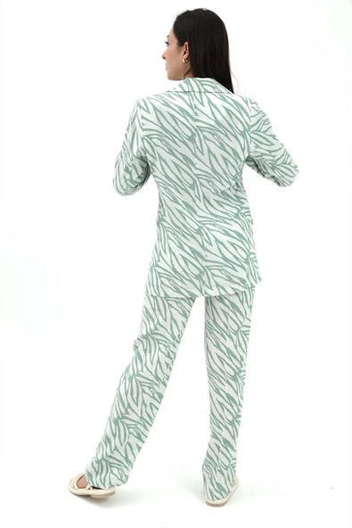 Zebra Desen Yüksek Bel Keten Pantolon - Mint Yeşili - Resim 5