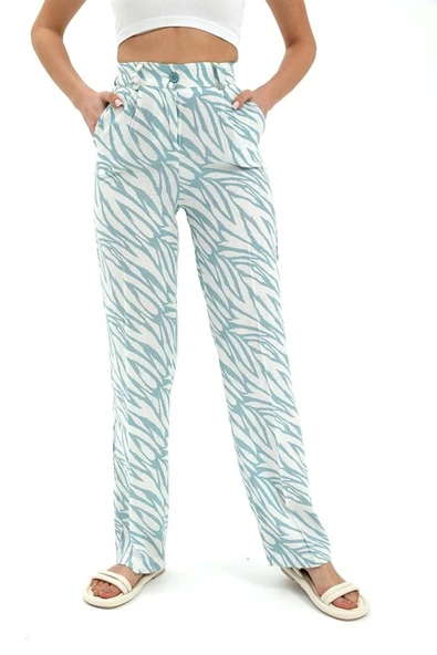 Zebra Desen Yüksek Bel Keten Pantolon - Mavi - Resim 2