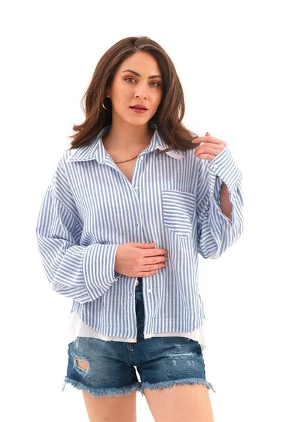 Poplin Garnili Çizgili Keten Gömlek - Mavi ürün görseli 1