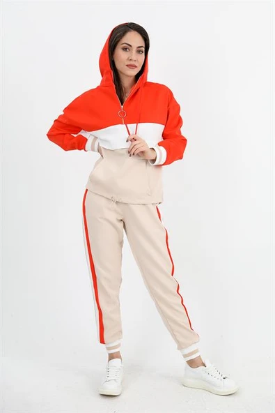 Üç Renk Fermuarlı Kapüşonlu Eşofman Takımı - Turuncu - Resim 3