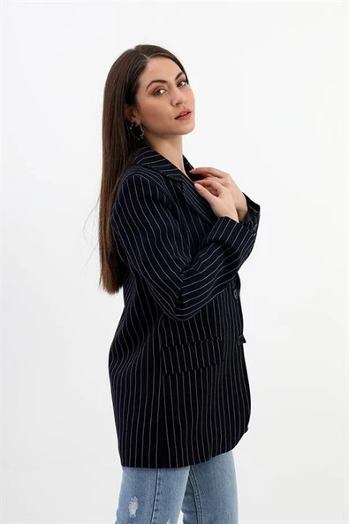 Blazer Ceket Çizgili Atlas Kumaş - Koyu Lacivert - Resim 2