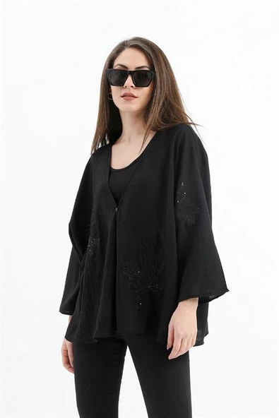 Keten Pul Payet Süzene Nakışlı Kimono - Siyah - Resim 4