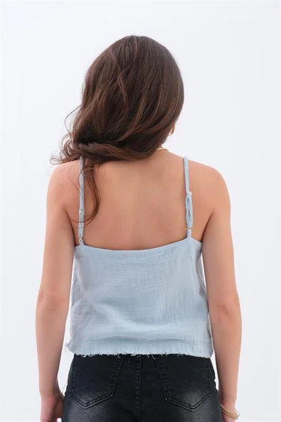 Ayarlanabilir Askılı Püskül Detaylı Bluz - Mavi - Resim 6