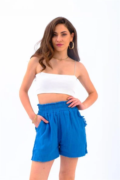 Püskül Detaylı Yıkamalı Müslin Şort - İndigo ürün görseli 1