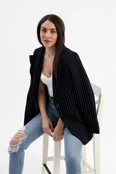 Blazer Ceket Çizgili Atlas Kumaş - Koyu Lacivert - Resim 3