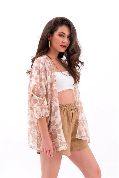 Çiçek Desenli Truvakar Kol Kimono - Vizon - 3