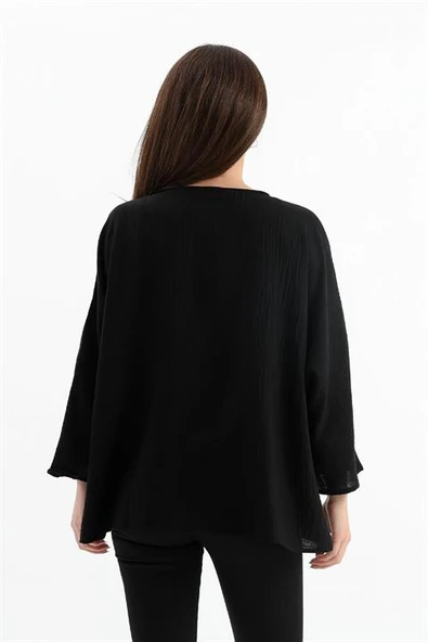 Keten Pul Payet Süzene Nakışlı Kimono - Siyah - Resim 6