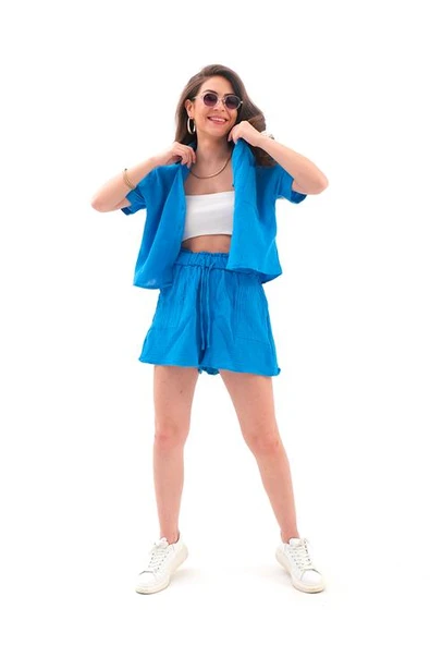 Takım Müslin Gömlek Şort - Mavi - Resim 3