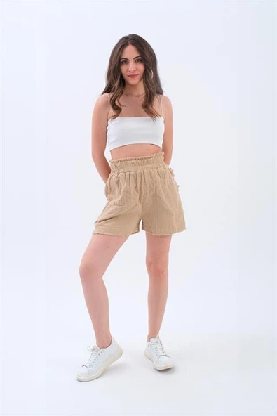 Püskül Detaylı Yıkamalı Müslin Şort - Vizon ürün görseli 1